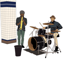rotoscoped animation of two subway musicians