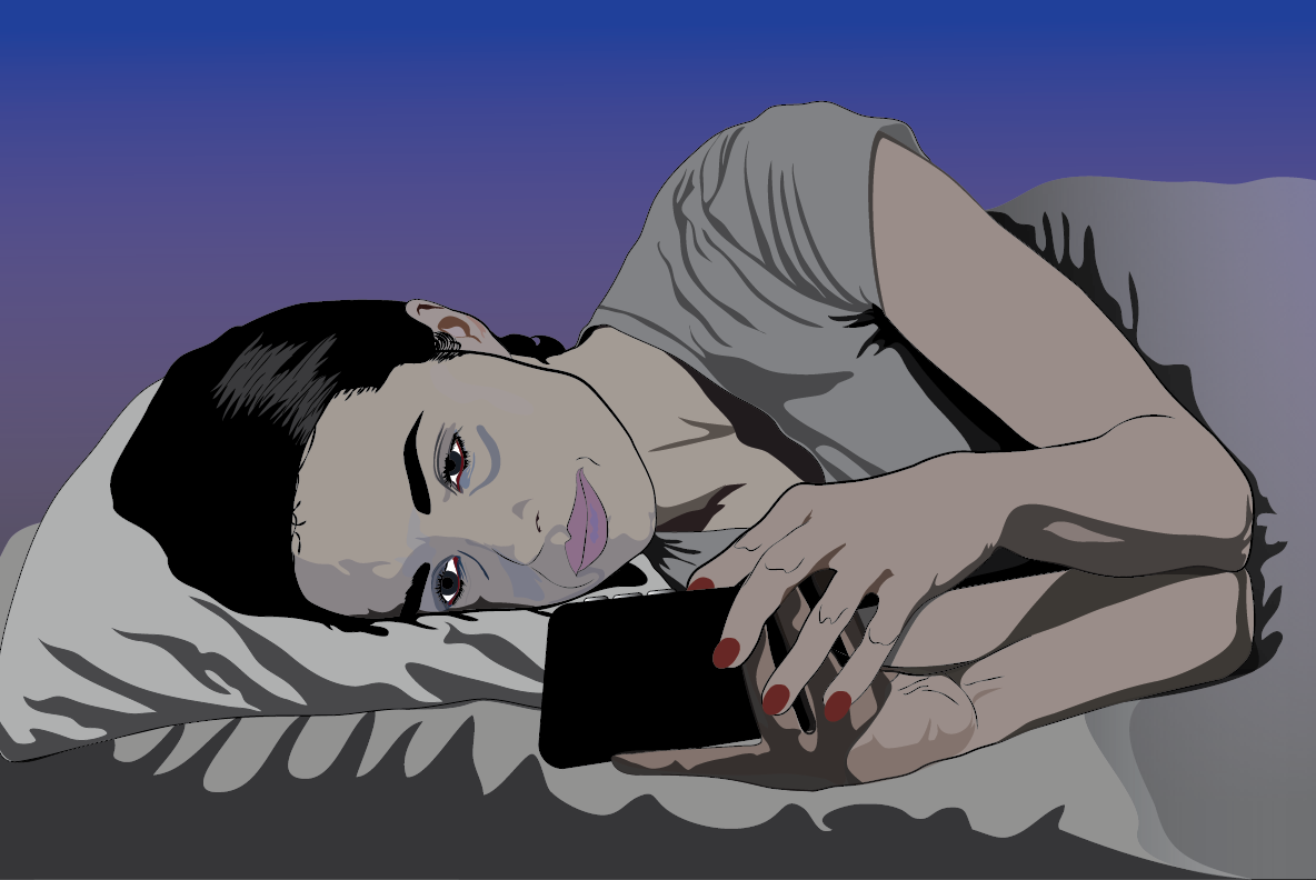 Illustration of a woman in bed scrolling on phone