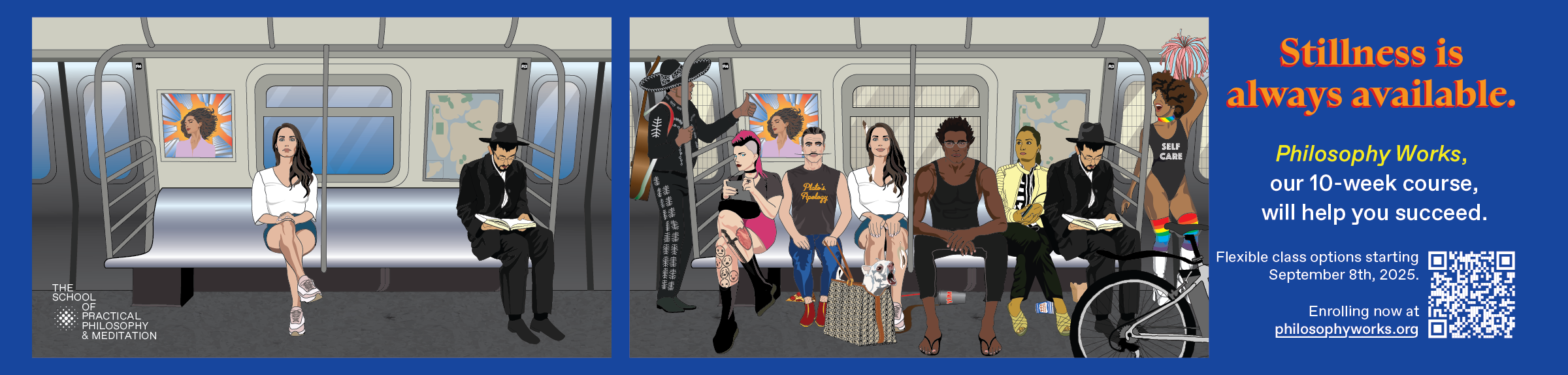 Illustration of New Yorkers riding the subway. At the center of the car is a man meditating