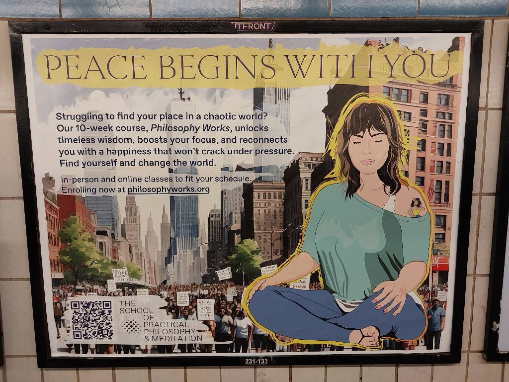 Illustration of New Yorkers protesting and a woman meditating