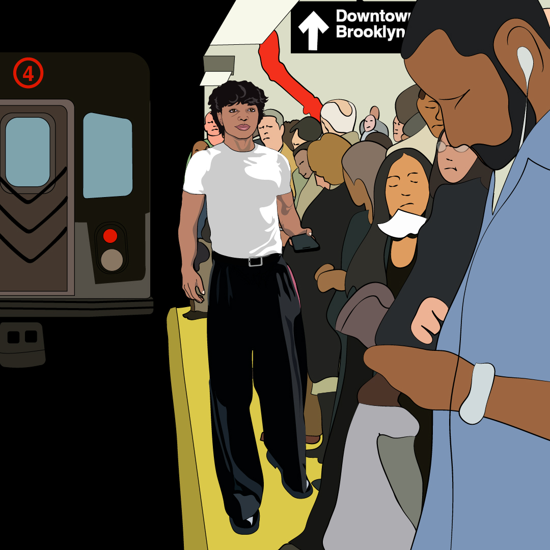 Illustratoin of a young man waiting on a crowded subway platform