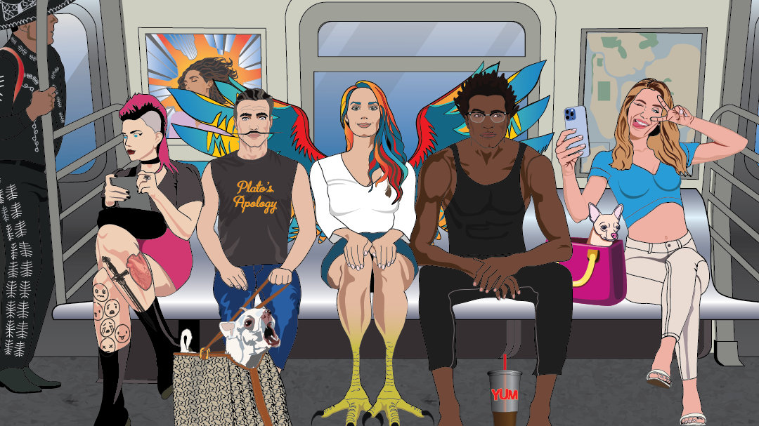 Illustration of New Yorkers riding the subway as a woman transforms into a bird lady