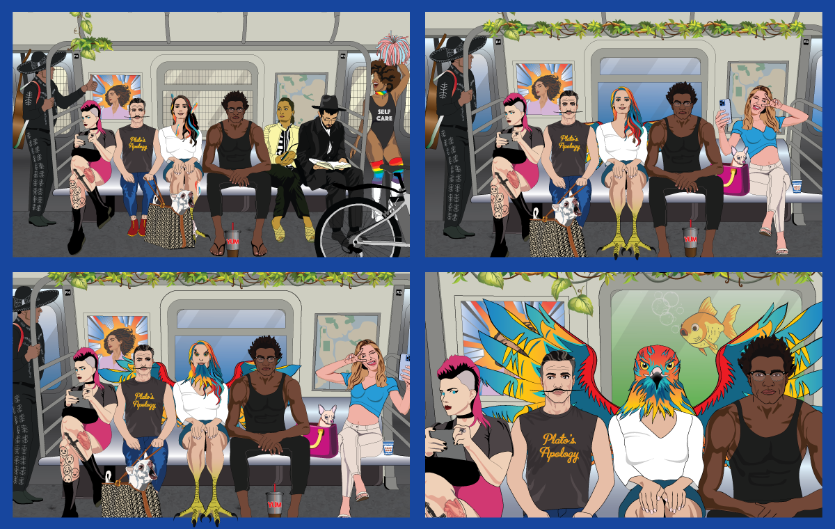 Illustration of New Yorkers riding the subway. At the center of the car is a man meditating